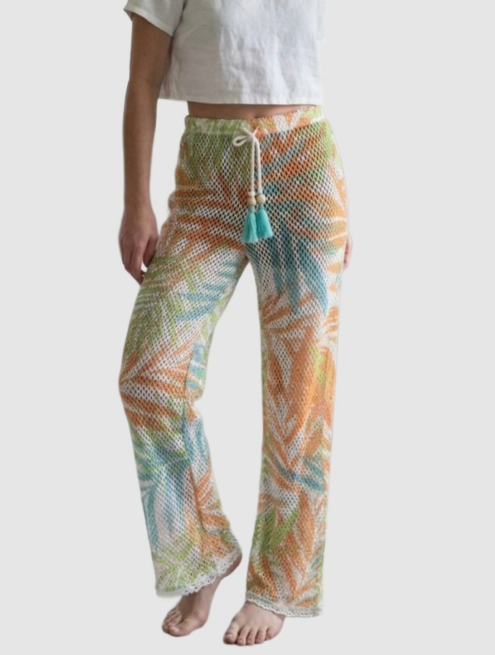 Blue Island Beach Open Knit Mesh Cover Up Pants Palm Tropical Tassel XS New